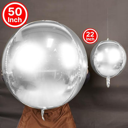 PartyWoo Metallic Silver Large Round Giant Foil 4D Balloons 3pcs 50 Inch | 50 - Image 2