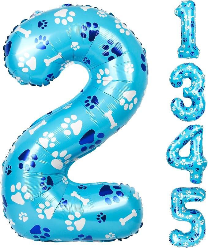 40 Inch Blue Dog Paw Birthday Balloons, Number 2 Balloons by AXBMM