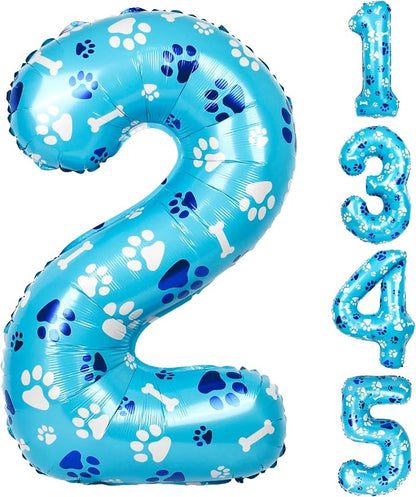 40 Inch Blue Dog Paw Birthday Balloons, Number 2 Balloons by AXBMM