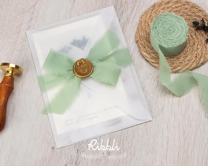 Ribbli Sage Green Ribbon 1 Inch x 3 Rolls Total 24 Yards Green Handmade Fringe - Image 3