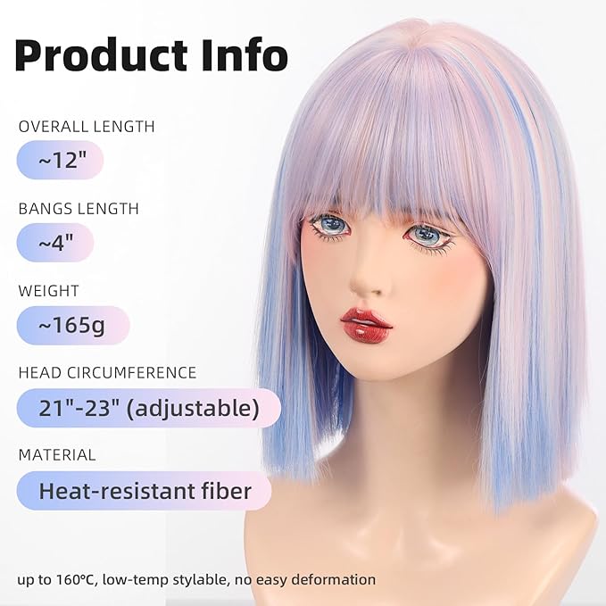 Allbell Colorful Rainbow Wigs for Women Short Bob with Bangs Heat Resistant Synthetic Hair 12 inch for Daily Party Halloween Costume Use