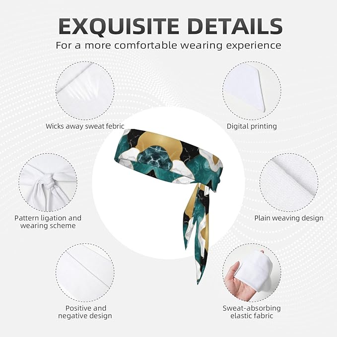 Boys Girls Cool Sports Sweat Band Head Decor for Running Athletic Spa, Long Multipurpose Abstract Watercolor Painting Gold Blue Turquoise Black White Gray Marble Head Ribbon Headdress