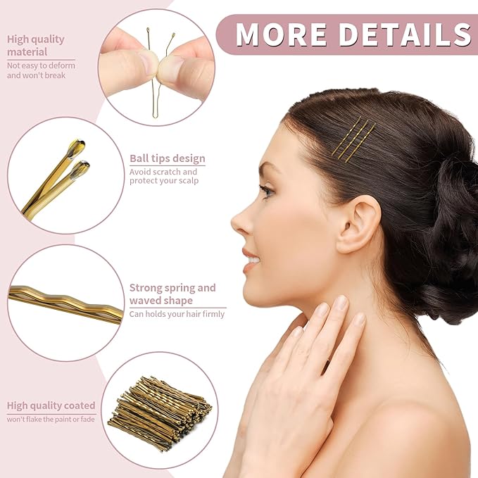 Bobby Pins and Hair Pins Combo Box 480PCS, Black Brown Gold Bobby Pins and U Shape Hair Pins Brown for Women, 2" 2.4" and 2.6" Bulk