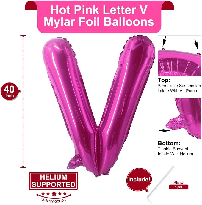 Lovoir 40 Inch Large Hot Pink Letter V Balloons Big Size Jumbo Mylar Foil - Image 2
