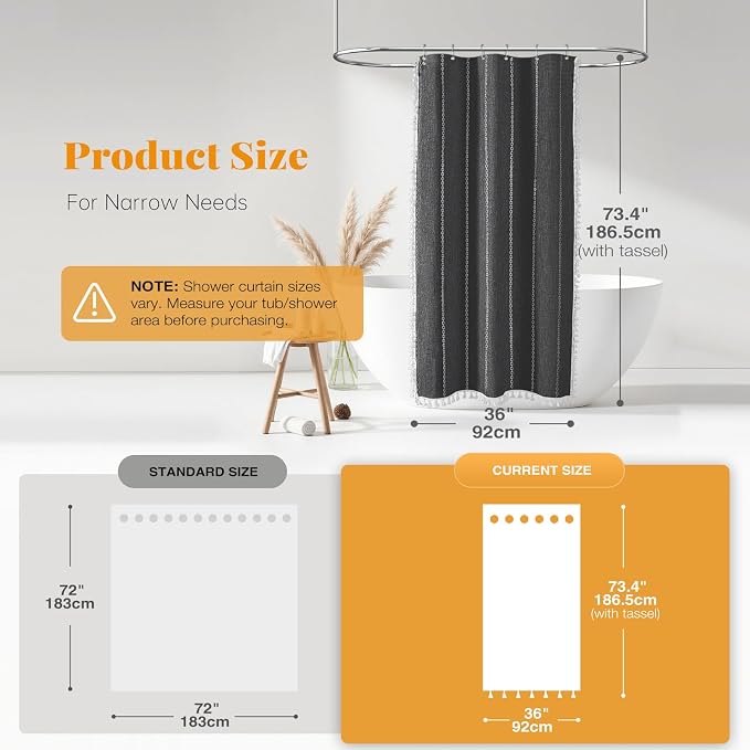 Small Boho Linen Heavy Duty Cloth Shower Curtain, Charcoal Grey | Stall Size - Image 3