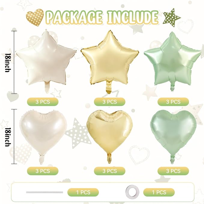 TONIFUL 18 Inch Sage Green and Champagne Gold Star and Heart Foil Balloons - Image 2
