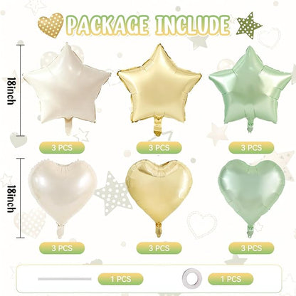 TONIFUL 18 Inch Sage Green and Champagne Gold Star and Heart Foil Balloons - Image 2