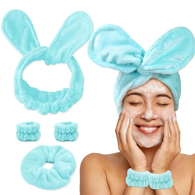 Face Wash Headband Set Adjustable Makeup Hair Headbands, Cute Spa Skincare Headband and Wristband Set 4PK, Ideal for Face Washing Coral Velvet for Girl Women