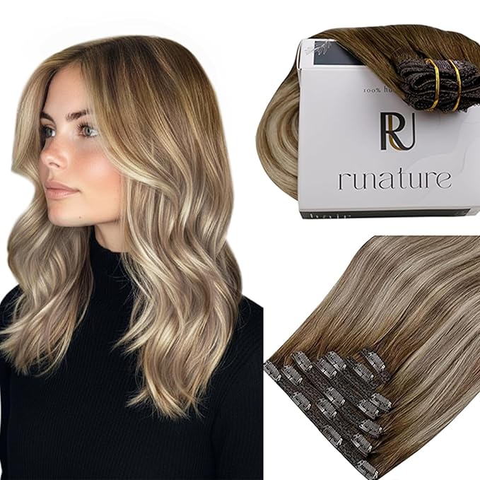RUNATURE Balayage Hair Extensions Clip Ins, 22 Inch Long Straight Hair Clip in Hair Extensions Real Human Hair, Well Blended, Easy to Maintain, 120g 7pcs #3/8/22 Brown Root Mix Blonde