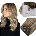RUNATURE Clip in Hair Extensions Real Human Hair, Balayage Human Hair Clip in Extensions for Women, Thick Natural Remy Hair, Straight 14 Inch 120g 7pcs #3/8/22 Brown Root to Blonde
