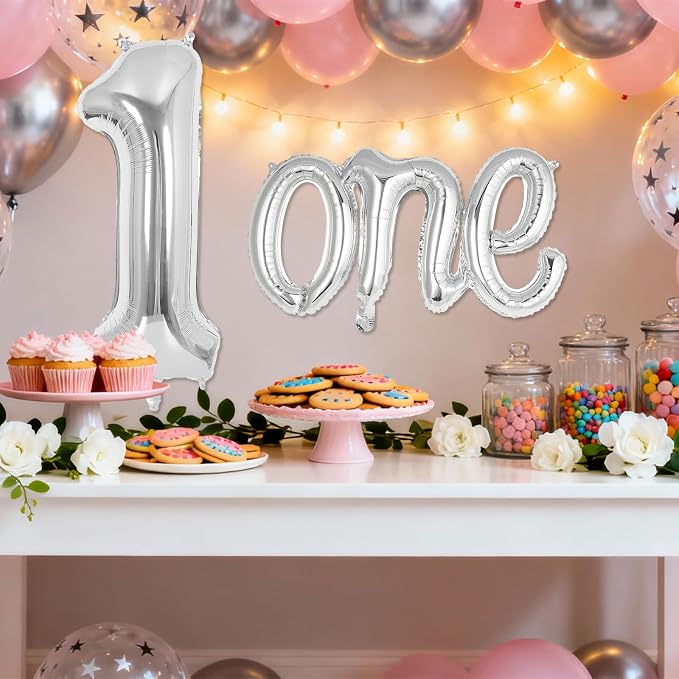 2 Pcs One Balloon Set, 40 Inch Number 1 Balloon and 41 Inch Script Letter One - Image 3