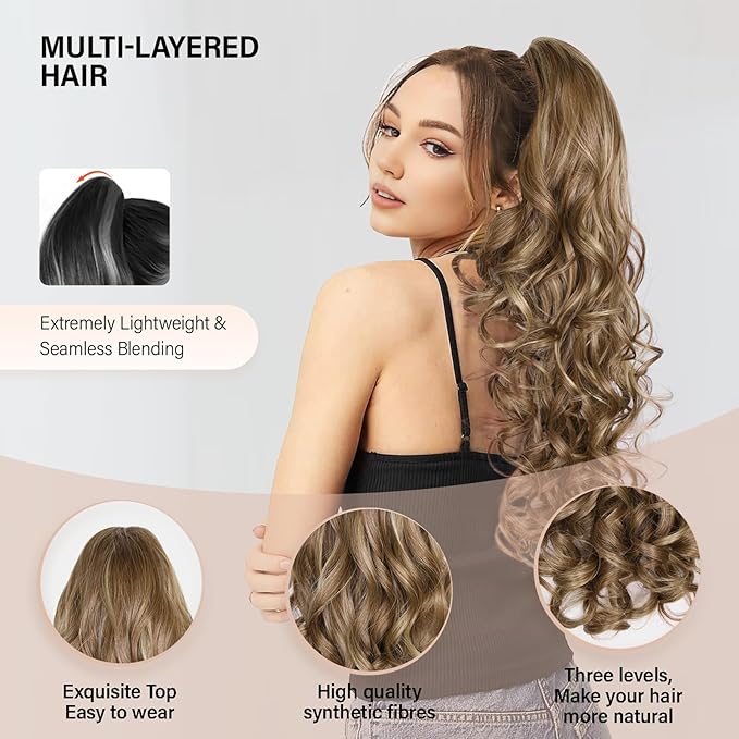 24 Inch Ponytail Extension, Layered Ponytail Extensions for Women, Soft Wavy Claw Clip in Ponytail Extension, Natural Synthetic Hair Pieces for Women (Color: Light Brown With Dark Blonde Highlights)