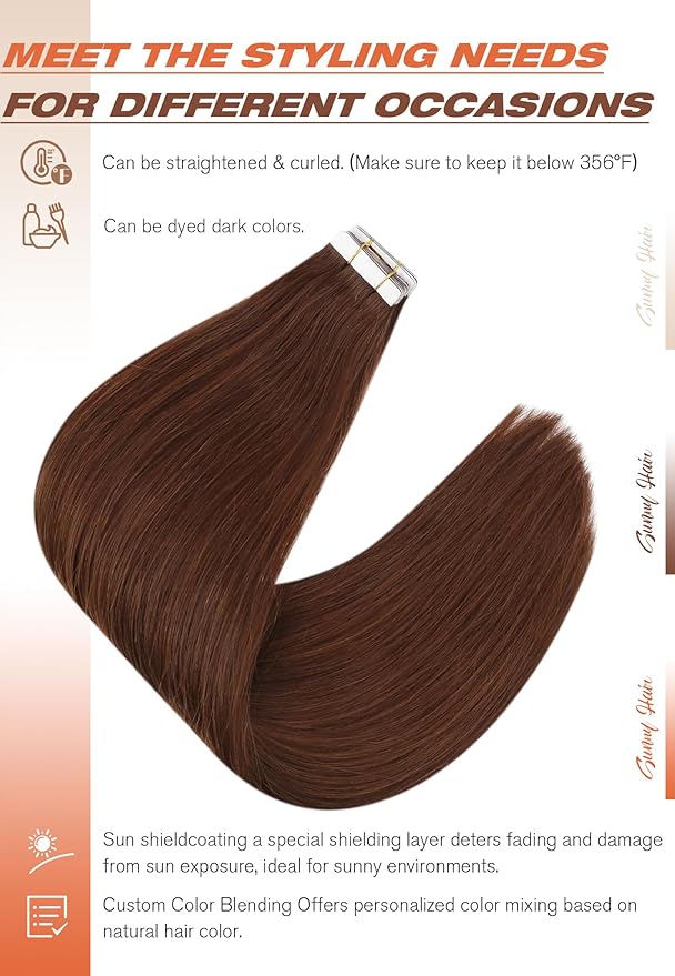 Sunny Hair Tape in Hair Extensions Human Hair, 16inch 40Pcs Auburn Brown Human Hair Tape in Extensions Remy Invisible Tape ins Human Hair Extensions Straight