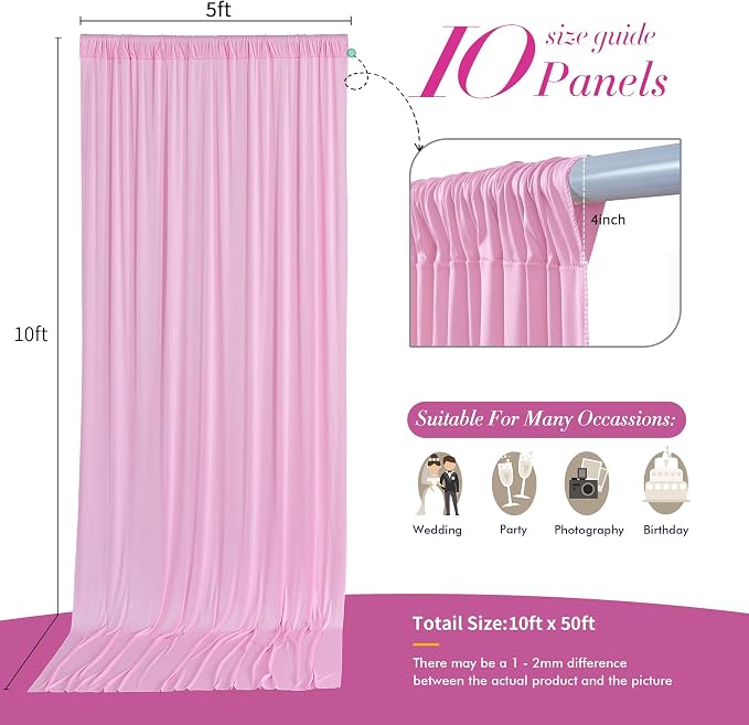 50 ft x 10 ft Wrinkle Free Pink Backdrop Curtain Panels, Polyester Photography - Image 5