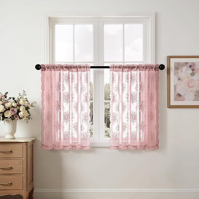 MIULEE Vintage Floral Scalloped Lace Curtains, Light Pink 52" W x 36" L | 2 - Image 7