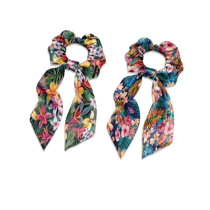 Colorful Tropical Floral Elastic Hair Band with Ribbon Womens Scarf Scrunchies Long Hair Ties Casual Knotted Bow No Damage Pack Of 2