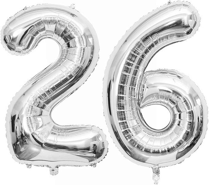 Silver 26 Number Balloons, 40 Inch Giant Number 26 Balloons Foil Mylar Helium by Lovoir