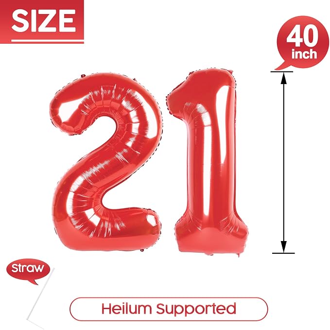 21 Balloon - Red Birthday Number Balloons, 40 Inch Decorations Men Women | Red - Image 5