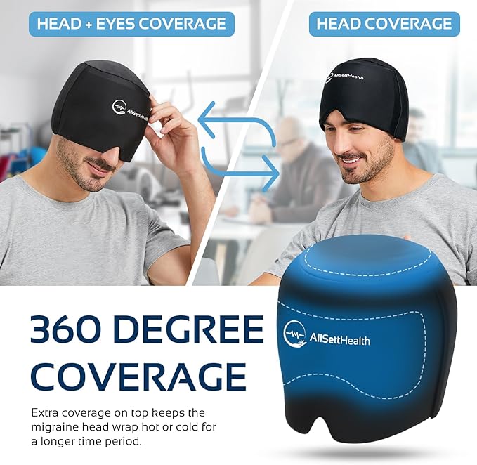 Migraine Relief Cap Ice Head Wrap and Hat | Hot/Cold Gel Pack with Face and Eye Mask Compress for Headache Relief - Black
