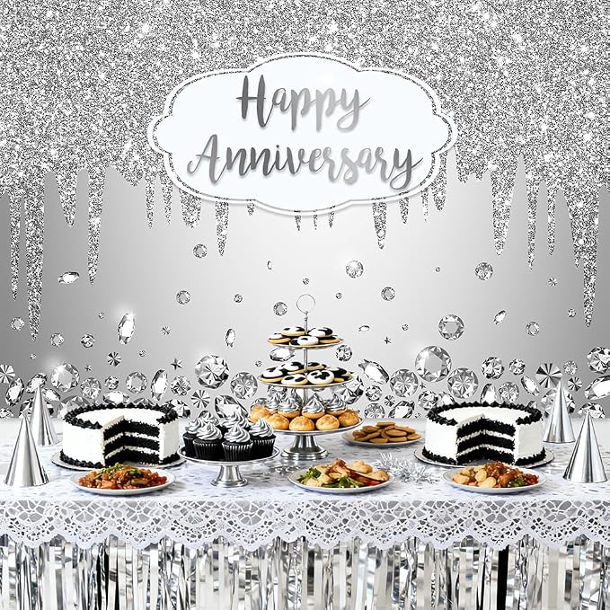 AIBIIN 7x5ft Happy Anniversary Backdrop Silver Dripping Glitter Crystals - Image 2