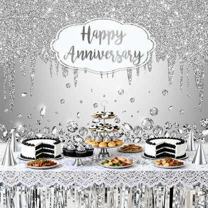 AIBIIN 7x5ft Happy Anniversary Backdrop Silver Dripping Glitter Crystals - Image 2