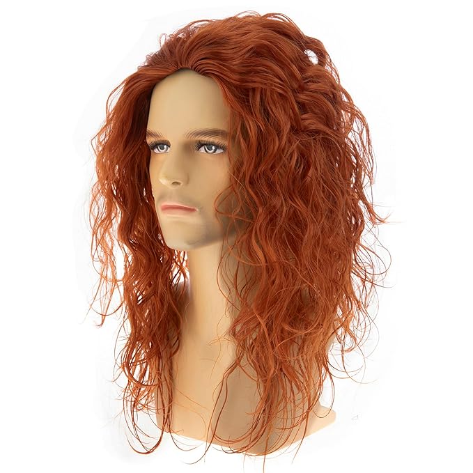 Baruisi Long Curly Wavy Orange Wigs for Men Synthetic Natural Party Halloween Cosplay Hair Wig