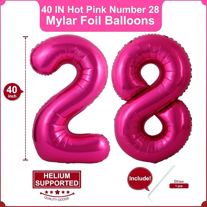 40 Inch Hot Pink 28 Balloons Giant Number 28 Balloons Hot Pink 28 Birthday - Image 2
