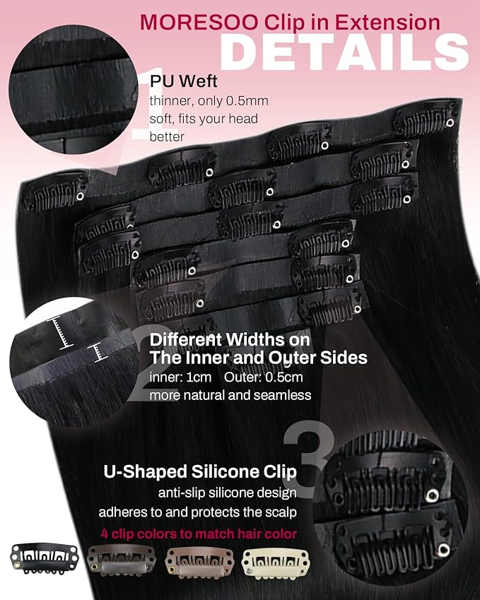 Moresoo Black Seamless Clip in Hair Extensions Real Human Hair Jet Black Human Hair Clip in Extensions 18 inch Long Thick for Women to Add Volume 135g 7pieces Pu Skin invisible