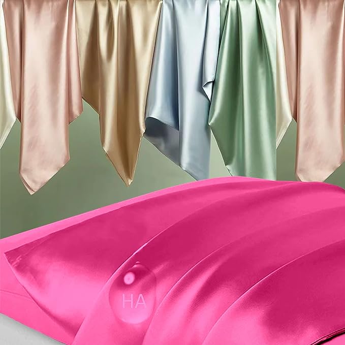 Silk Pillow Cases 2 Pack, Mulberry Silk Pillowcases Standard Set of 2, Smooth, Anti Acne, Beauty Sleep, Both Sides Natural Silk Satin Pillow Cases for Women 2 Pack with Zipper for Gift, Hot Pink