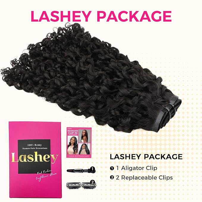 Lashey Seamless Clip in Hair Extensions Human Hair 110g 7pcs Burmese Curly Natural Black 18 Inch Clip In Human Hair Extensions with Soft PU Weft for Women