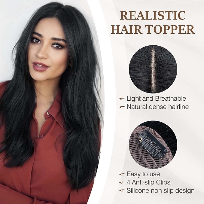 Rich Choices Hair Toppers for Women Real Human Hair 100% Human Remy Toppers NO Bangs for Women with Thinning on Top Clip in Hairpiece 4"x4.7"Lace Base 14 Inch #1 Jet Black