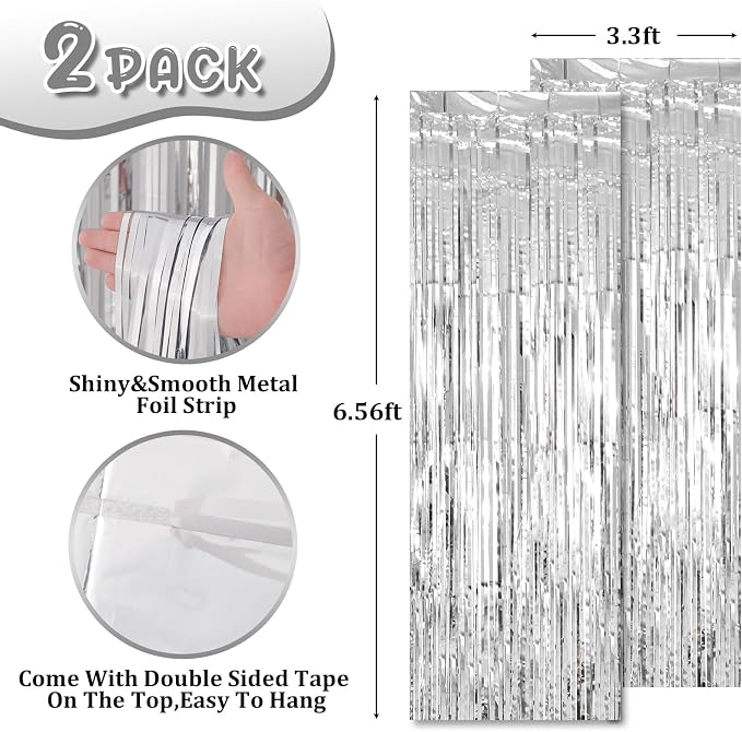 Voircoloria Silver Foil Fringe Backdrop Curtains, 2 Pack | Tinsel Streamers - Image 3
