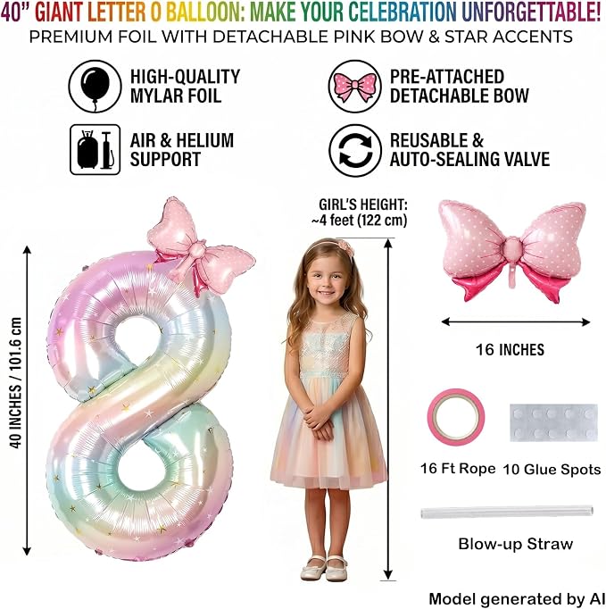 40" Giant Pastel Rainbow Number 18 Balloon Foil Pink Bow Decor Kit | - Image 2