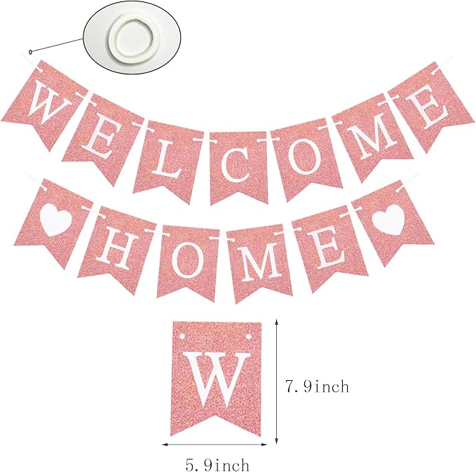 Welcome Home Banner Decorations Glitter Rose Gold Bunting Backdrop - Image 7