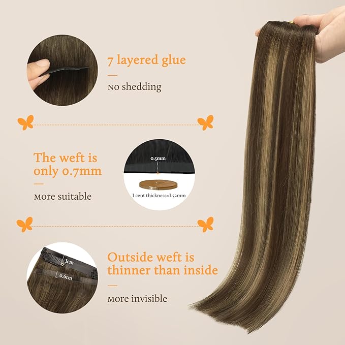 DOORES Seamless Clip-in Hair Extensions Real Human Hair, Chocolate Brown to Caramel Blonde 24 Inch 160g 7pcs, Invisi Edge Remy Hair Straight Weft