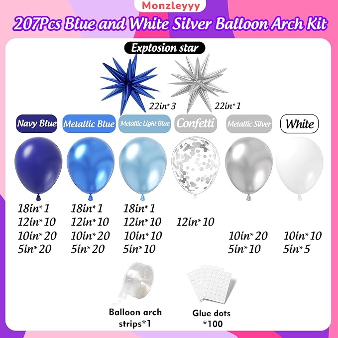 207Pcs Blue White Silver Balloons Garland Arch Kit - Image 2