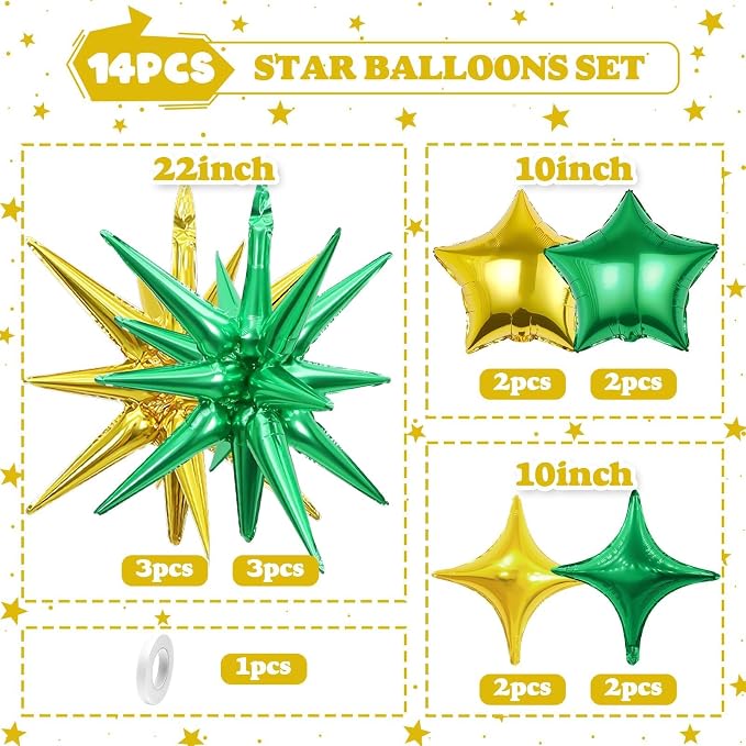 14pcs Green Gold Star Balloons, Mixed Star Foil Balloon, 22Inch Explosion Stars - Image 2