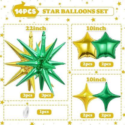 14pcs Green Gold Star Balloons, Mixed Star Foil Balloon, 22Inch Explosion Stars - Image 2