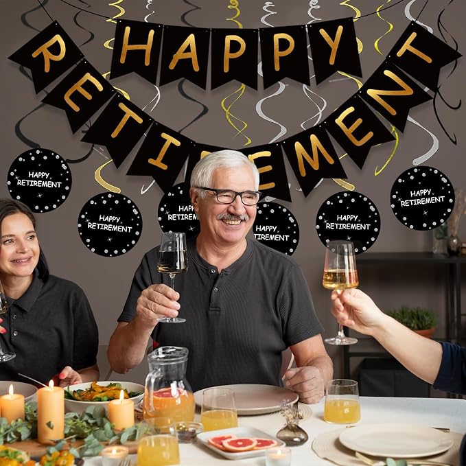 Retirement Party Decorations for Men Women Black Gold Happy Retirement Banner - Image 5