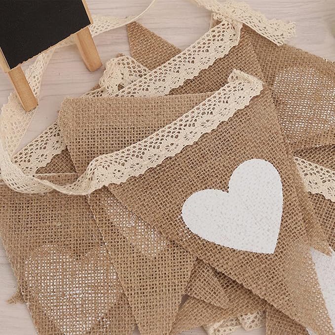 FQTANJU 12Pcs Vintage Heart Jute Burlap Bunting Banner Hessian Flag - Image 6
