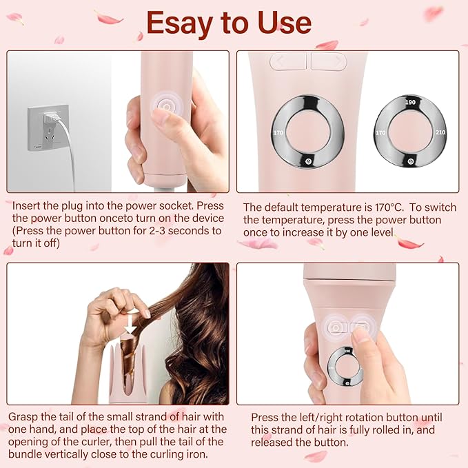 JAMIEWIN 3 in 1 Automatic Curling Iron, Hair Curlers with 3 Curling Barrels (1.1" - 1.26" - 1.57"), Rotating Curling Iron with 3 Temp, 2-Way Rotation, 10S Fast Heating, Anti-Scald, Dual Voltage, Pink