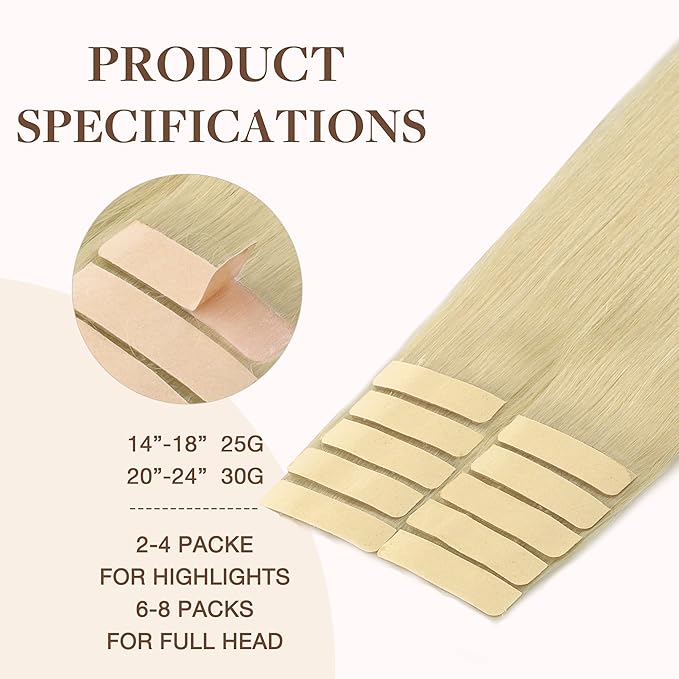 GOO GOO Tape in Hair Extensions Human Hair, 613R Bleach Blonde, 14inch 25g 10pcs, Skin Weft Seamless Invisible, Silky Straight with Thick Ends, Remy Human Hair