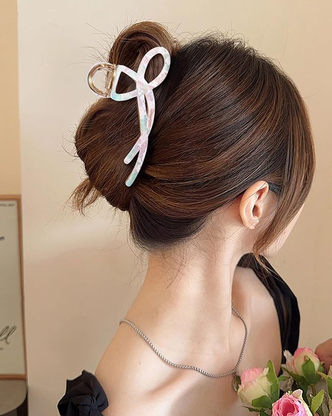 ACECHA 2 Pack Gold Metal Bow Hair Claw Clips for Women, 4.5" Colorful Non-slip Hairclips for Thick Thin Hair Claws Strong Hold Styling (B-Colorful & Chocolate)