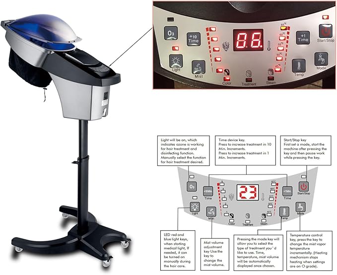 Standing Hair Steamer for deep Conditioning，7 Color Pattern Hooded ，3 Modes，deep Scalp Care, Adjustable Height, Computer-Controlled Panel，Suitable for Hair Salons and Home use