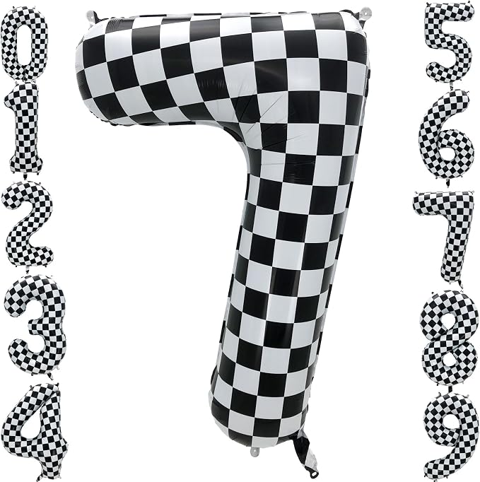 42 Inch Checkered Number Balloon 7, 7th Race Car Flag Birthday Party Supplies by Eoopoon