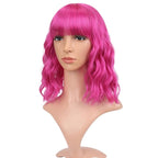 FAELBATY Short Curly Wavy Hot Pink Wigs with Air Bangs Shoulder Length Wig for Women Synthetic Halloween Cosplay Costume for Girl (12" Hot Pink)