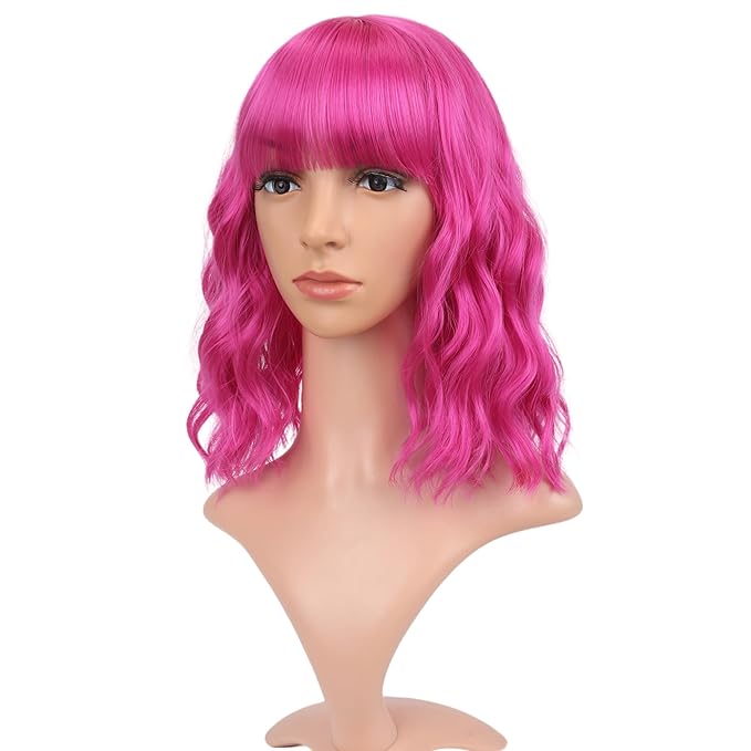FAELBATY Short Curly Wavy Hot Pink Wigs with Air Bangs Shoulder Length Wig for Women Synthetic Halloween Cosplay Costume for Girl (12" Hot Pink)