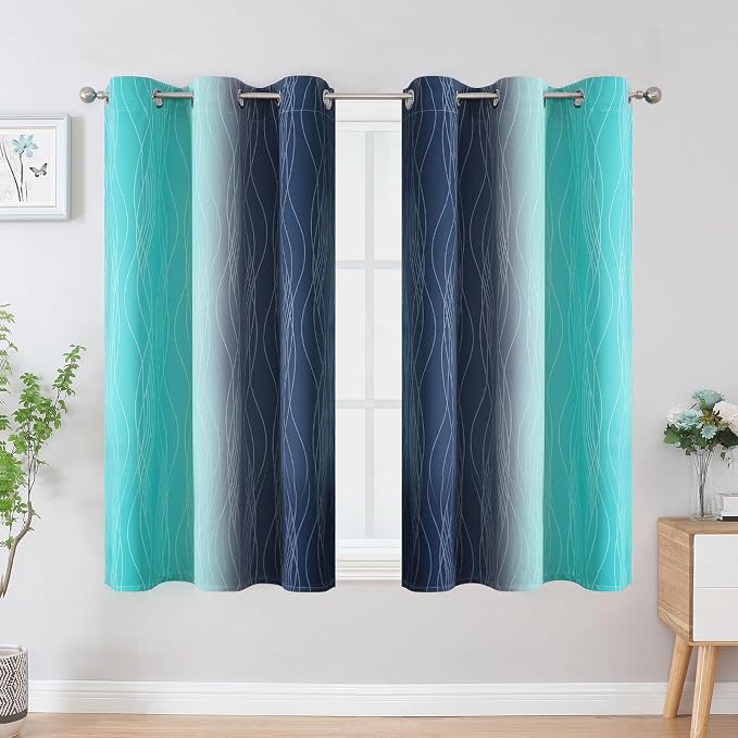 Navy Blue and Teal Ombre Blackout Curtains 45 Inch Length 2 Panels, Full Room - Image 2