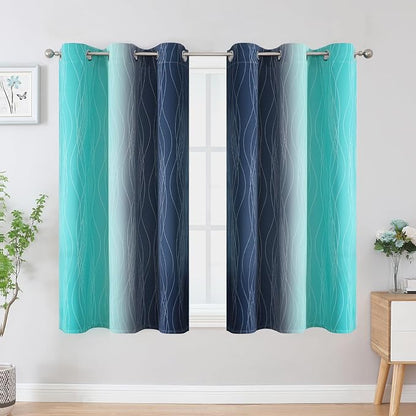 Navy Blue and Teal Ombre Blackout Curtains 45 Inch Length 2 Panels, Full Room - Image 2