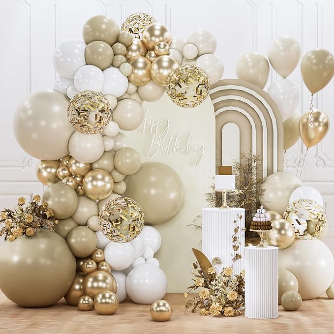 PartyWoo Neutral Balloon Arch Kit 142pcs Gold and Sand White Balloons | Beige by PartyWoo